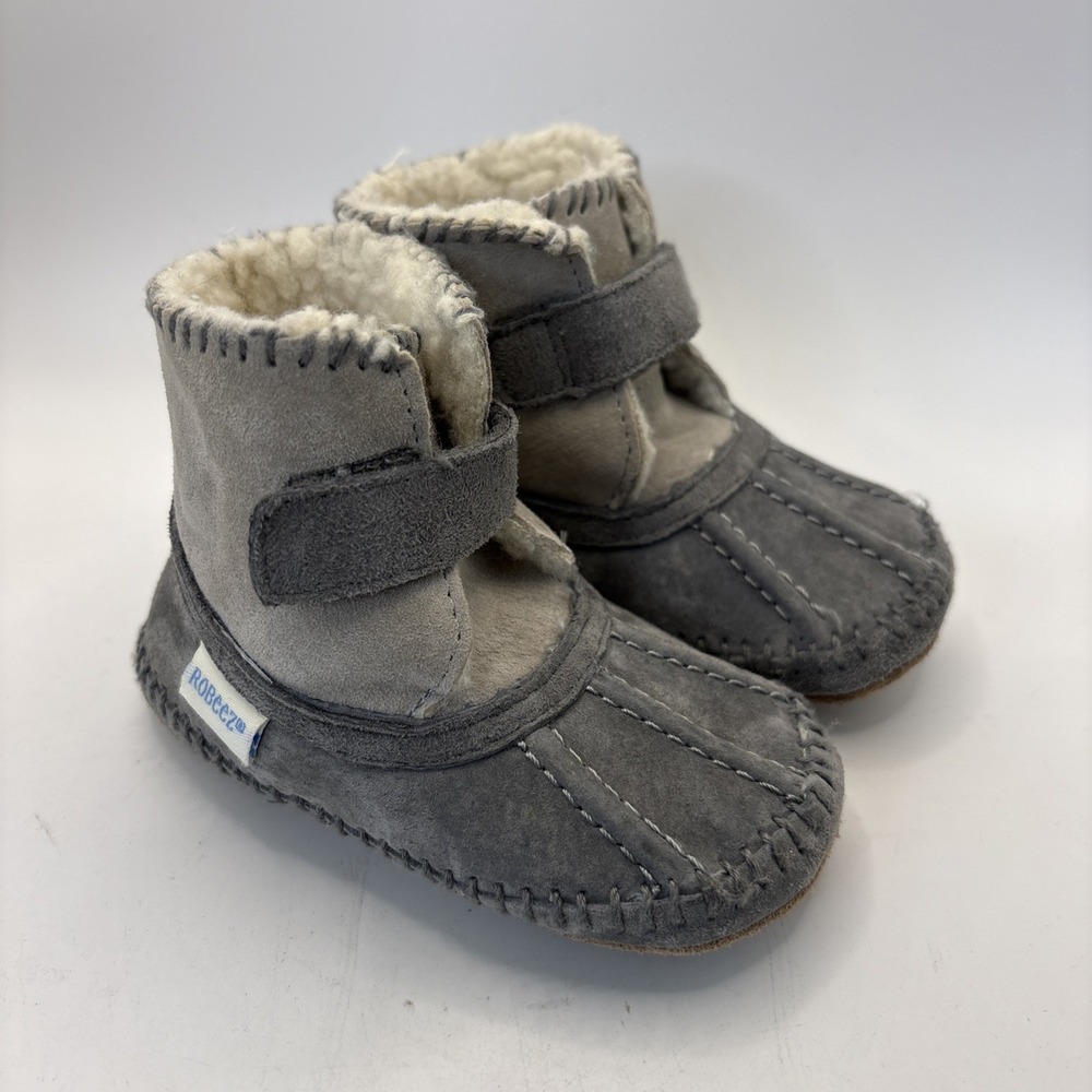 Robeez Infant‎ 12-18 Months Gray Suede Boots Booties Walking Hook & Loop